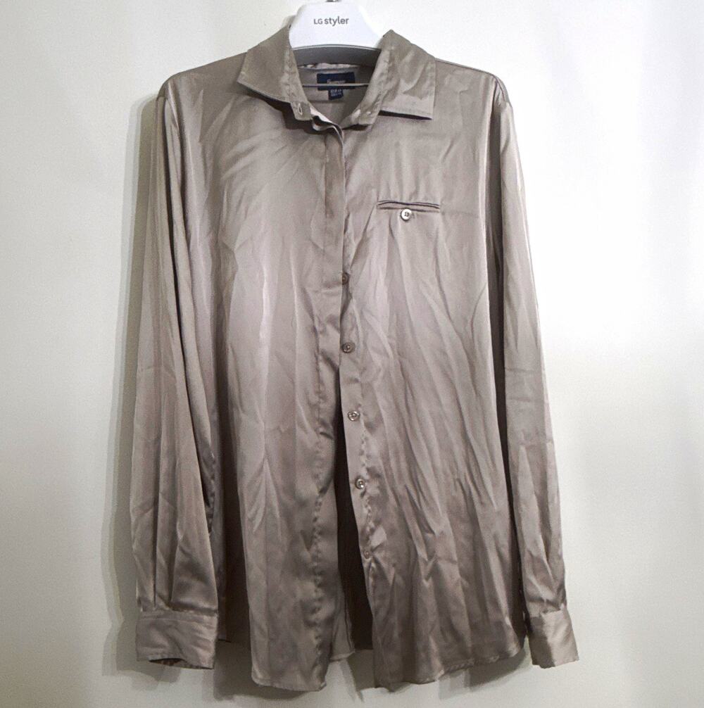 Façonnable Men's Gray Solid Satin Stretch Long Sleeve Point Collar Button-Up 44